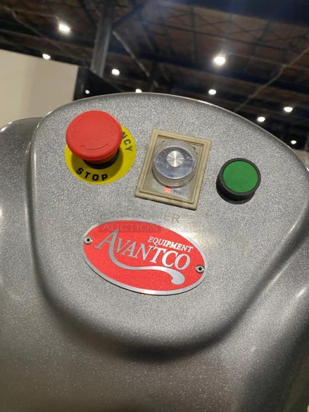 Avantco 177MX60H commercial mixer control panel with emergency stop, start buttons, and timer. Branded label displayed.