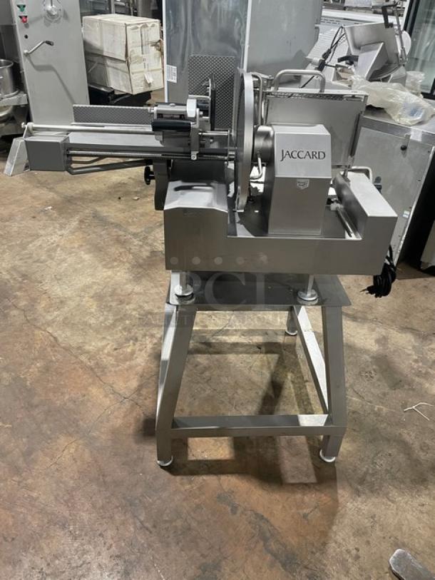 Jaccard VA2000GRT electric slicer with open base stand. Model SN: 2176809, 110V, stainless steel, excellent condition.
