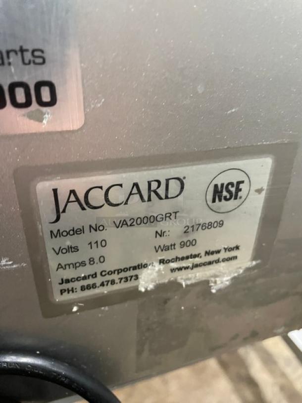 Jaccard VA2000GRT electric slicer with open base stand. Model: VA2000GRT, SN: 2176809, 110V, 900W, NSF certified.