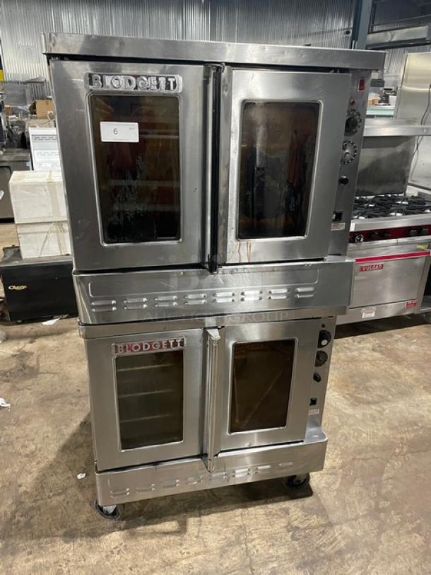 Blodgett SHO-100-G double-stacked convection oven, stainless steel, natural gas, thermostatic control, on casters.