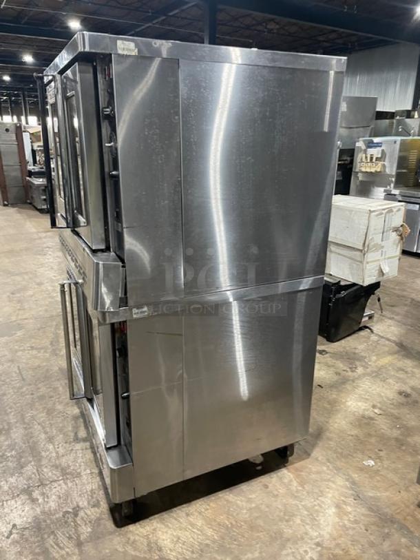 Blodgett commercial stainless steel double convection oven, model SHO-100-G, on casters, natural gas powered, thermostatic control.