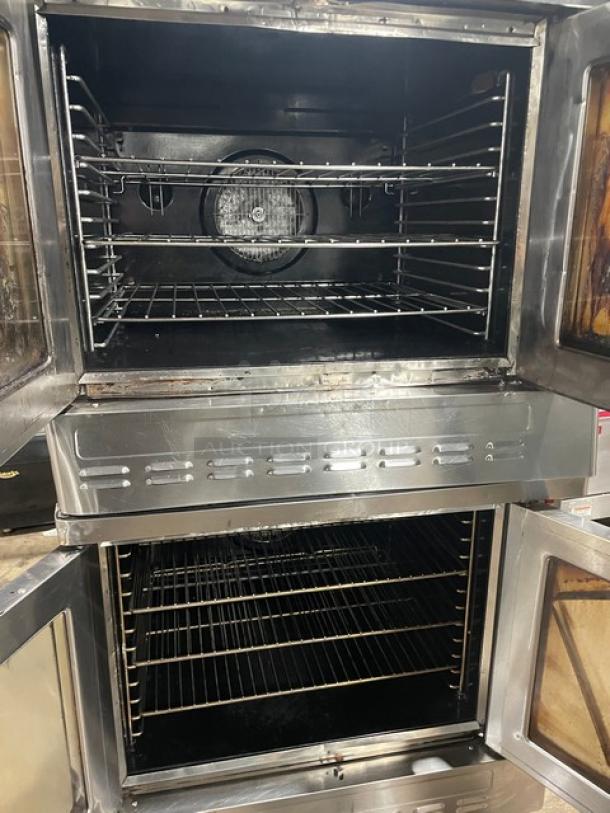 Blodgett SHO100G double-stacked convection oven, stainless steel, natural gas, wired racks, thermostatic control, on casters.