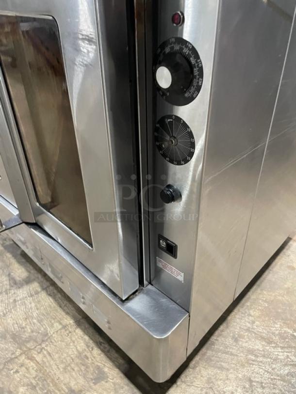 Blodgett SHO100G stainless steel double-stacked convection oven, natural gas powered, thermostatic control, on casters.