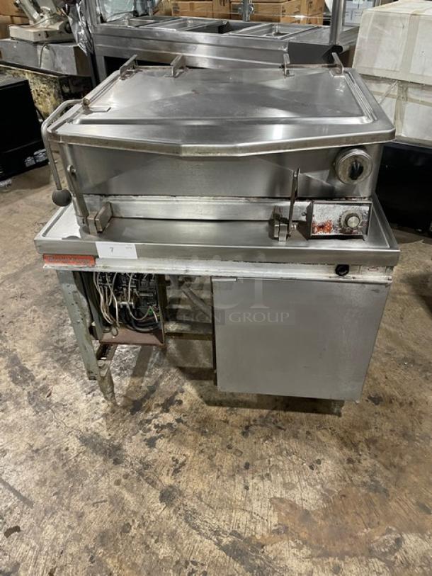 Market Forge stainless steel electric braising pan, Model 1600, 16 gal, tilt skillet, 208V 3 phase, on legs, visible wiring.