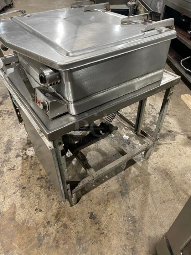 Market Forge Model 1600 stainless steel 16-gallon tilt braising pan, electric, on sturdy legs, excellent condition.