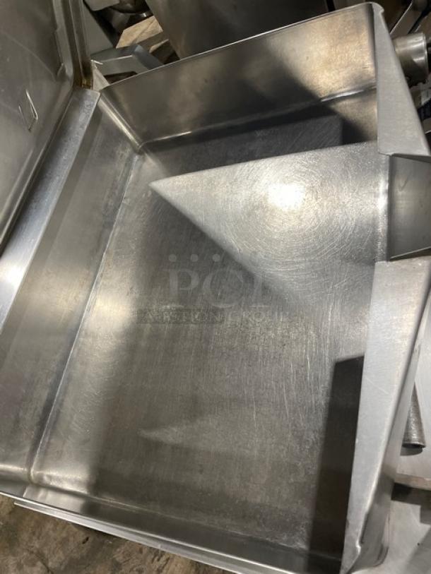 Market Forge 1600 stainless steel 16-gal tilted braising pan, electric, 208V 3-phase, on legs, used condition.