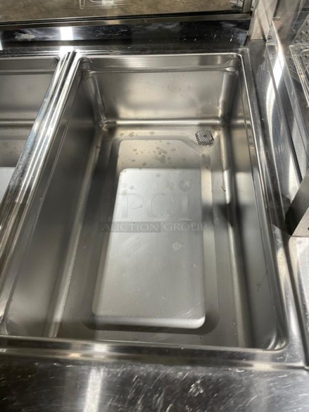 Delfield Shelleyglas Series 4-well cold food serving counter, stainless steel, Model KCSC60EF. Includes serve-over sneeze guard.