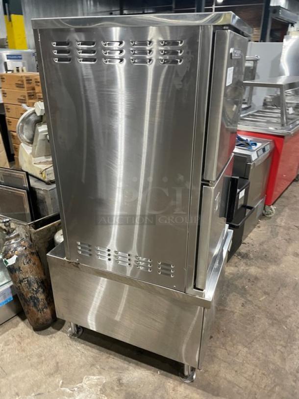 Southbend SX55EC stainless steel dual compartment convection steamer, electric, enclosed cabinet base, on legs, 208V 3 phase.