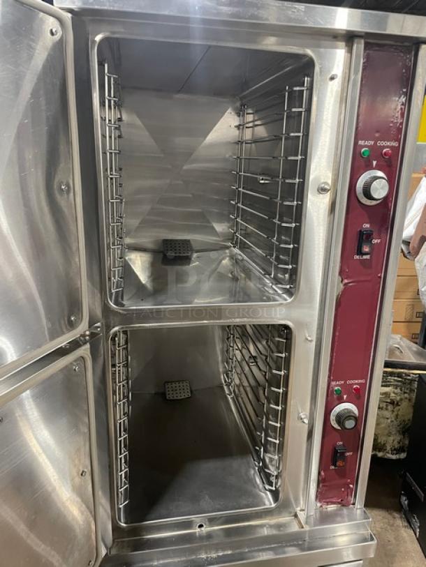 Southbend stainless steel dual compartment convection steamer, model SX55EC, with cabinet base, 208V 3 phase.