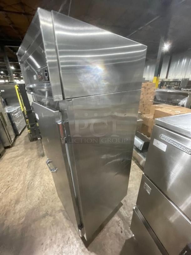Victory FS1DS7FW stainless steel single door commercial freezer, in good condition, features 115V 1 Phase power, on legs.