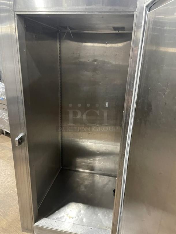 Victory Commercial Stainless Steel Single Door Freezer, Model FS1DS7FW, on legs, 115V 1 Phase, SN: D0499258, open door view.