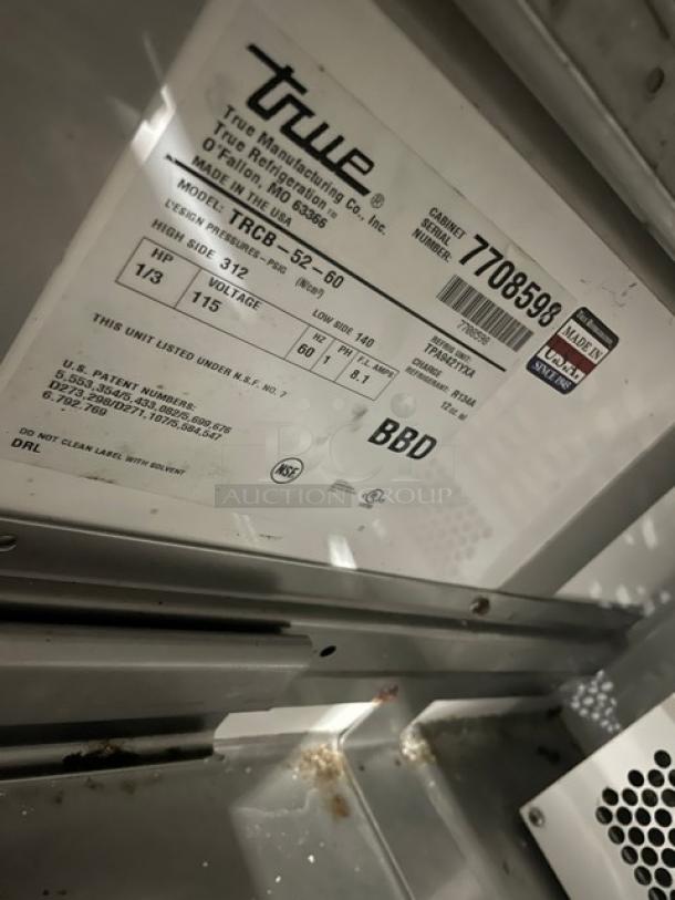 True TRCB-52-60 commercial refrigerated chef base, stainless steel, 2 drawers, oversized worktop, on casters, serial 7708598.