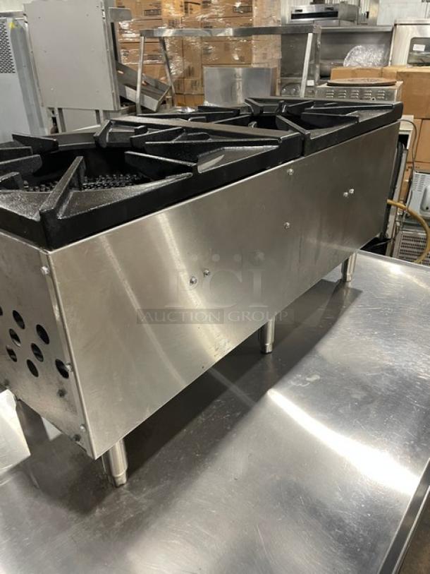 CookRite stainless steel gas countertop double burner stock pot range, model ATSP182L, on legs, with cast iron burners.