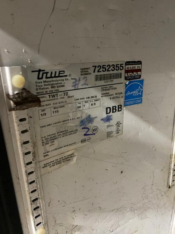True Commercial Stainless Steel 3-Door Refrigerated Worktop Table, Model TWT-72, Energy Star Certified, Serial Number 7252355.