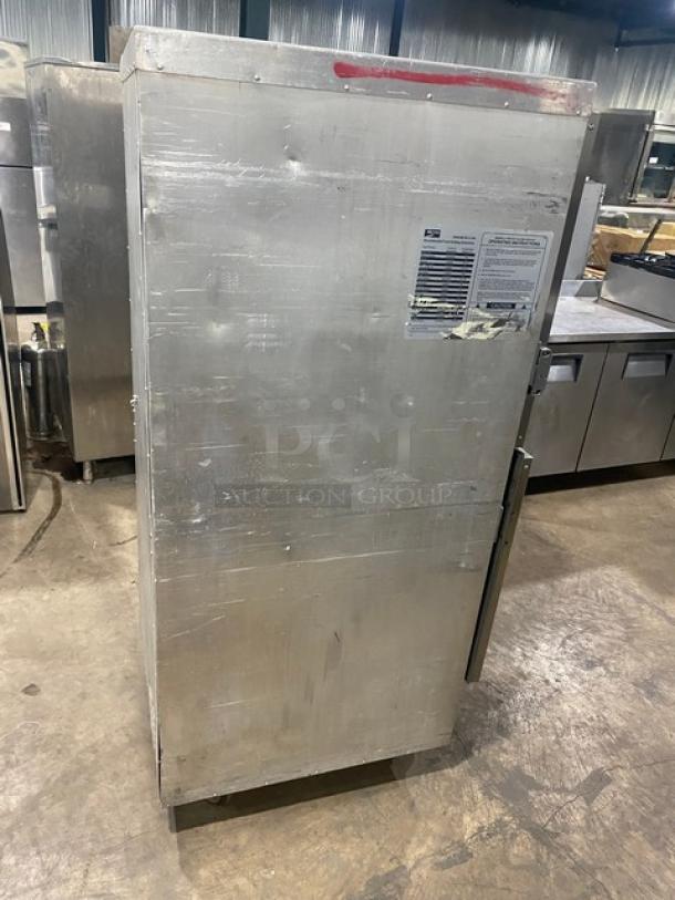 Metro Flavor Hold insulated mobile heated cabinet, Model C199H1N, on casters. Features wide pan slides. Visible wear.
