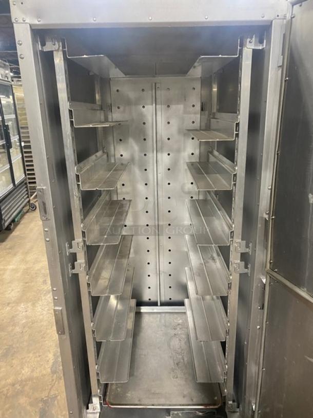 Metro Flavor Hold insulated mobile heated cabinet, model C199H1N. Features wide pan slides, single half door, on casters.