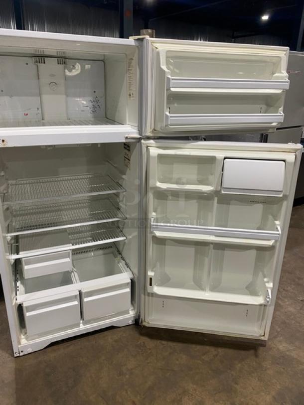 Frigidaire Commercial fridge/freezer combo, Model MRT18DNEW, white, features adjustable shelving, open door view.