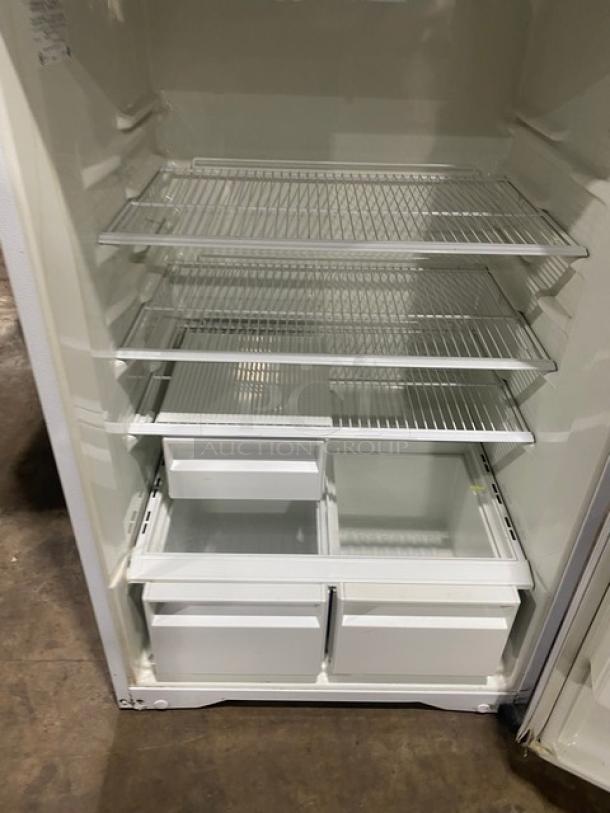 Frigidaire Commercial White Top Freezer/Refrigerator Combo, Model MRT18DNEW, with adjustable shelving, shown open.