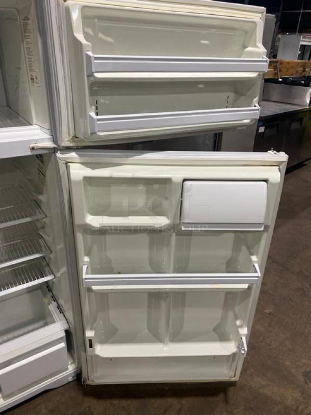 Frigidaire Commercial white reach-in top freezer/refrigerator combo, model MRT18DNEW. Features adjustable shelving, clean interior.