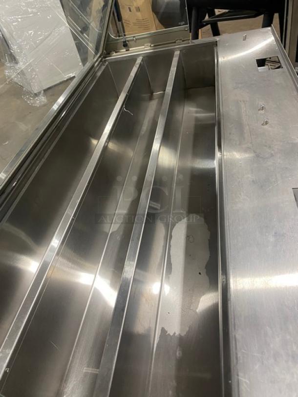 Duke Subway Style commercial prep table, model SUBCPTC60, stainless steel, with tri-channel cold pan, angled glass sneeze guard, in good condition.