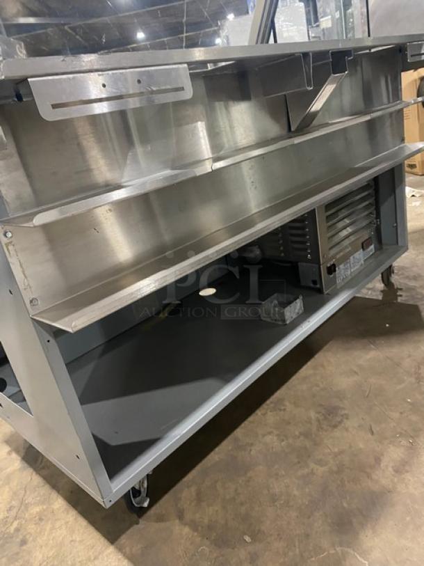 Duke SUBCPTC60 black powder-coated stainless steel sandwich prep table with sneeze guard, tri-channel cold pan, and shelving.