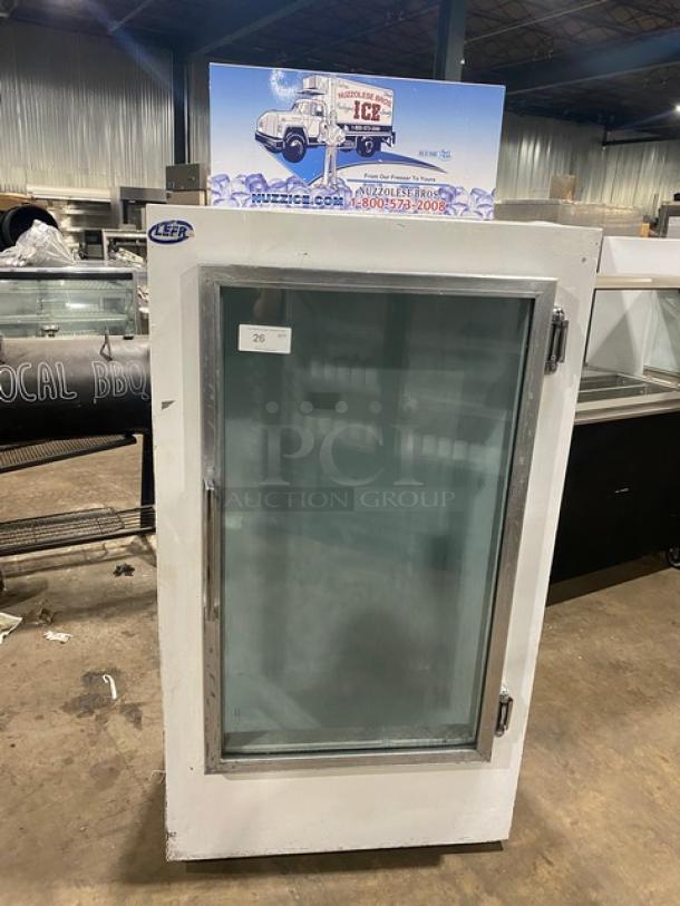 Leer commercial ice merchandiser freezer, model 301UC25MG, single glass swing door, white, 115V, SN: HAA-0404.
