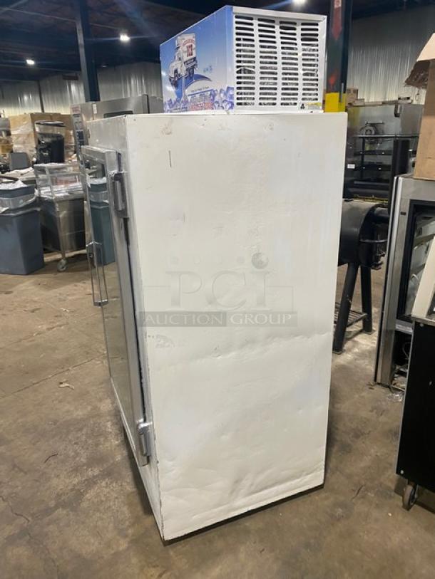 Leer Commercial Ice Merchandiser Freezer, Model 301UC25MG, white, single glass swing door, 115V, used condition.