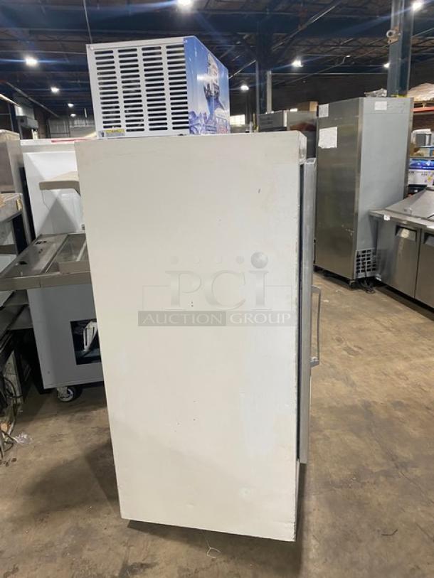 Leer Commercial White Single Glass Swing Door Reach-In Ice Merchandiser Freezer, Model 301UC25MG, 115V, visible wear.
