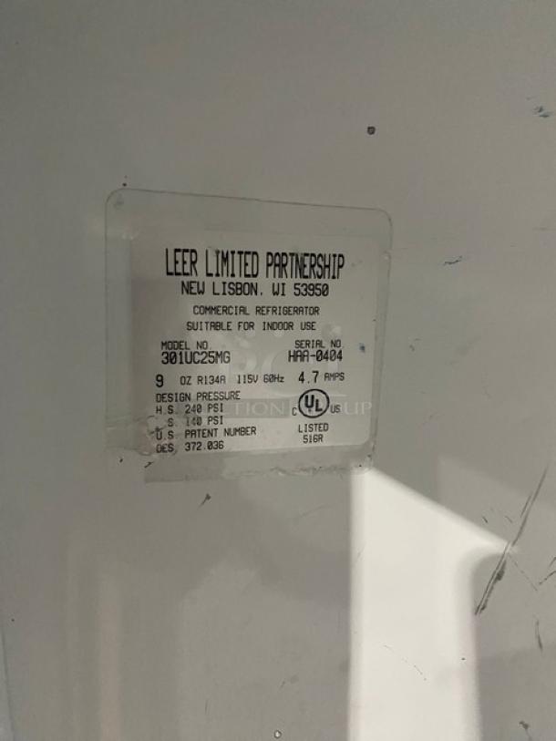 Leer Commercial Indoor Ice Merchandiser Freezer, Model 301UC25MG, Single Glass Swing Door, Serial HAA-0404, 115V.