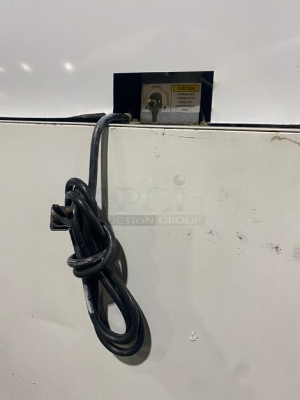 Leer Commercial Ice Merchandiser Freezer, Model 301UC25MG, 115V, white, single glass swing door, visible cord, gently used.