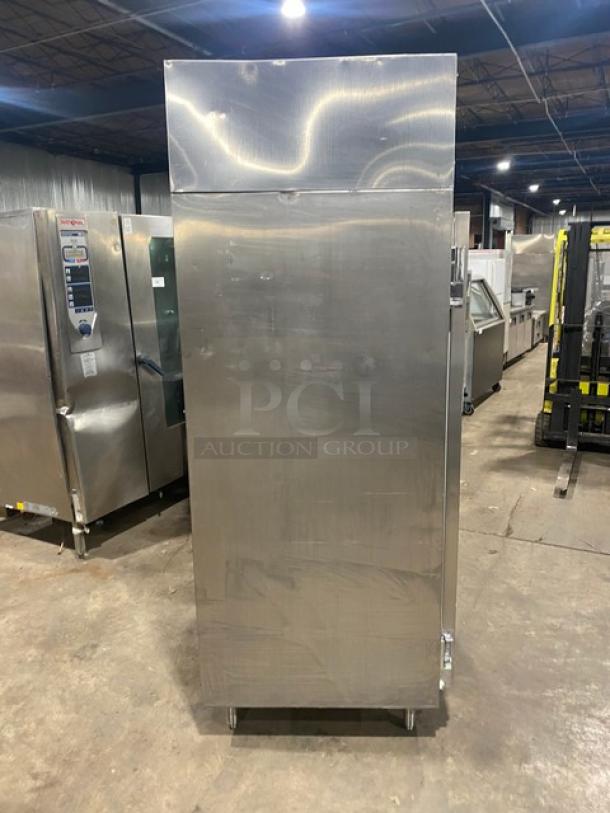 McCall commercial stainless steel double door reach-in freezer, model 11045F, on legs, 115V, 1 phase, good condition.