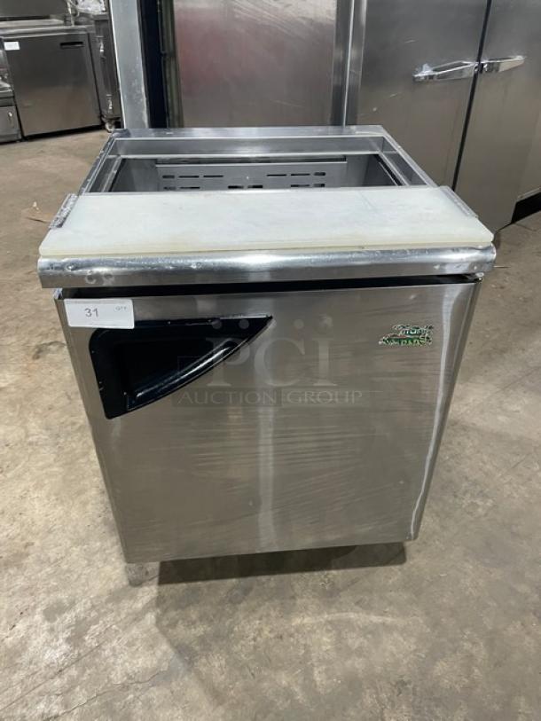 Turbo Air TST-28SD stainless steel refrigerated prep table with cutting board, on casters, 115V, excellent condition.