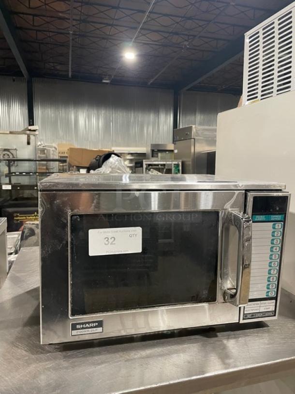 Sharp R25JTF commercial stainless steel countertop microwave, 2020 model, with digital controls, 208/230V, in good condition.