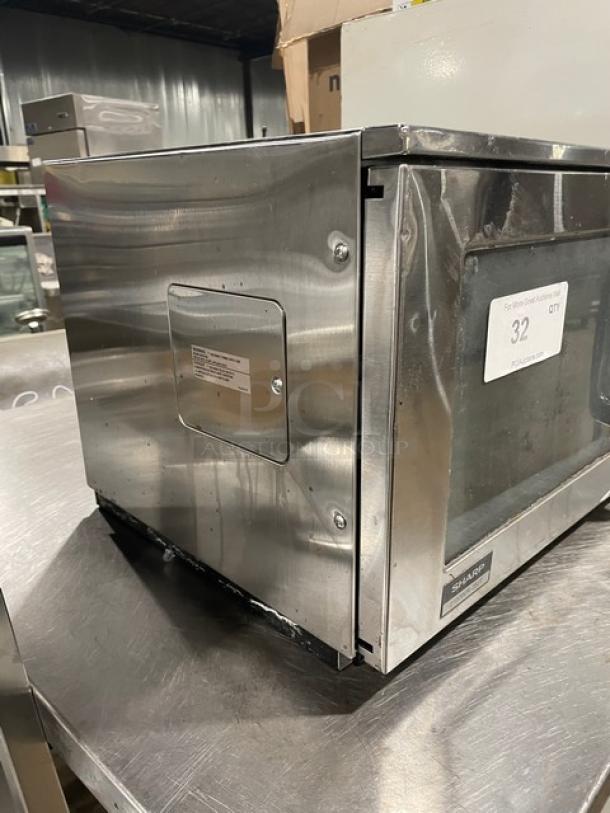 Sharp R25JTF commercial stainless steel countertop microwave, 2020 model, electric powered, digital controls, 208/230V.