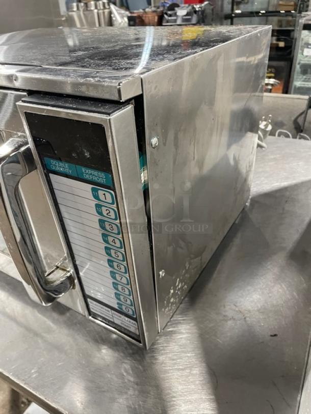 Sharp R25JTF commercial stainless steel microwave oven, 2020 model, digital controls, 208/230V, countertop design, SN: 09798.