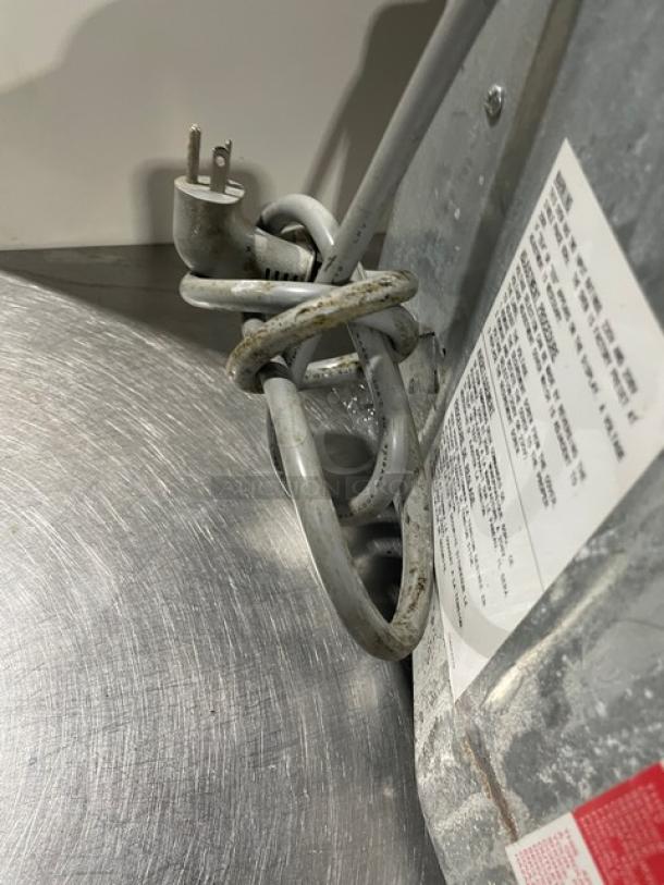 Sharp R25JTF stainless steel commercial microwave, shows power cord and label. Electric, digital controls, 208/230V, SN: 09798.