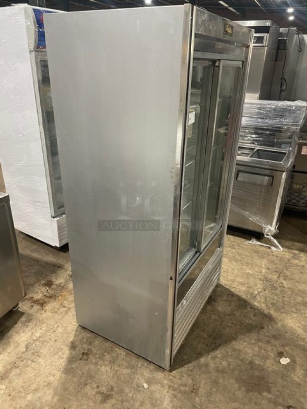 Leader commercial stainless steel refrigerator, double glass sliding doors, poly-coated wire racks, 115V, 1 Phase.