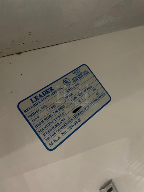 Leader Refrigeration label showing model, serial number, 115V, 1 phase, high/low side pressure details of commercial fridge.