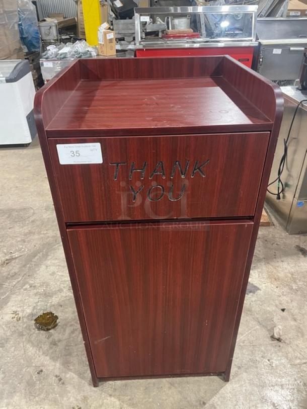Commercial wooden enclosed "Thank You" trash cabinet, mahogany finish, used, good condition, 35" high.