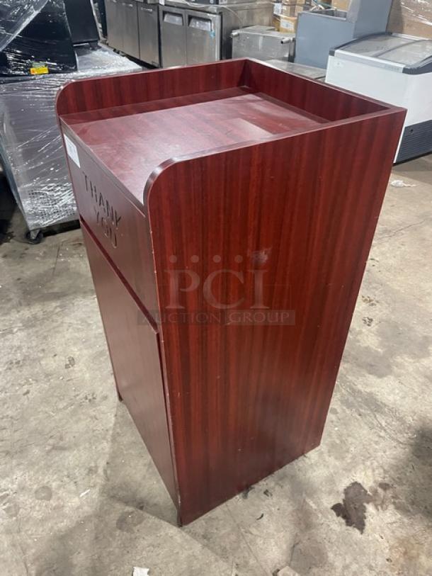 Commercial wooden enclosed trash receptacle cabinet, "Thank You" wording, good condition, dark wood finish.