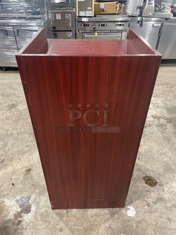 Commercial wooden enclosed "Thank You" style receptacle, rich mahogany finish, excellent condition, for waste disposal.