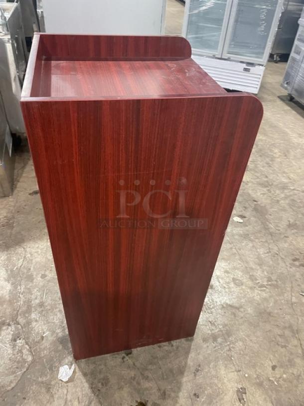 Commercial wooden enclosed trash cabinet, "Thank You" style, dark wood finish, clean condition, suitable for high-traffic areas.