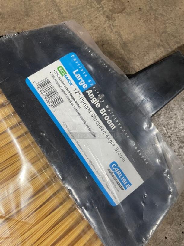 Carlisle 12" Upright Shrouded Angle Broom, new with black grip handle, in original packaging. Label: "Large Angle Broom."