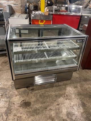 Leader Model CBK48SC refrigerated display case, stainless steel, 48", straight glass, two shelves, used condition, 115V, 1 phase.