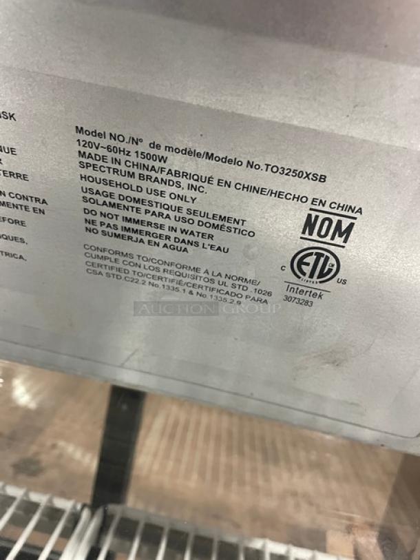 Label on BLACK+DECKER Toaster Oven Model TO3250XSB, 120V, 60Hz, 1500W. Made in China, for household use. ETL, NOM certified.