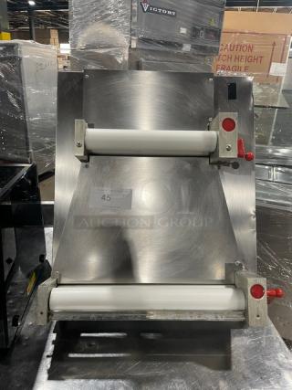 Commercial stainless steel electric countertop dough sheeter with dual rollers, pristine condition, labeled as item 45.
