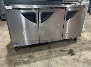 Turbo Air Super Deluxe Series Commercial Stainless Steel Solid 3 Door 72” Worktop Refrigerator! With 3.5” Back Splash! Model: TWR-72SD-N SN: H2WT7R0G4704! 115V 1 Phase! On Casters! - Item #1195501