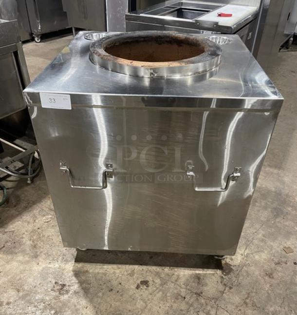 Commercial stainless steel Indian-style tandoor clay oven, natural gas/charcoal powered, on casters, excellent condition.