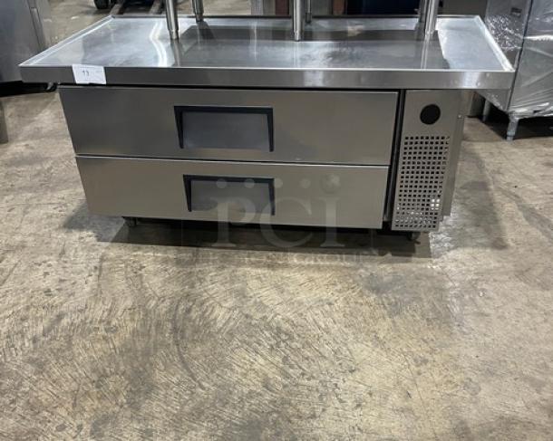 True Commercial Stainless Steel 2-Drawer Refrigerated Chef Base, Model TRCB-52-60, oversized worktop, on casters.
