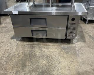True Commercial Stainless Steel 2-Drawer Refrigerated Chef Base, Model TRCB-52-60, oversized worktop, on casters.